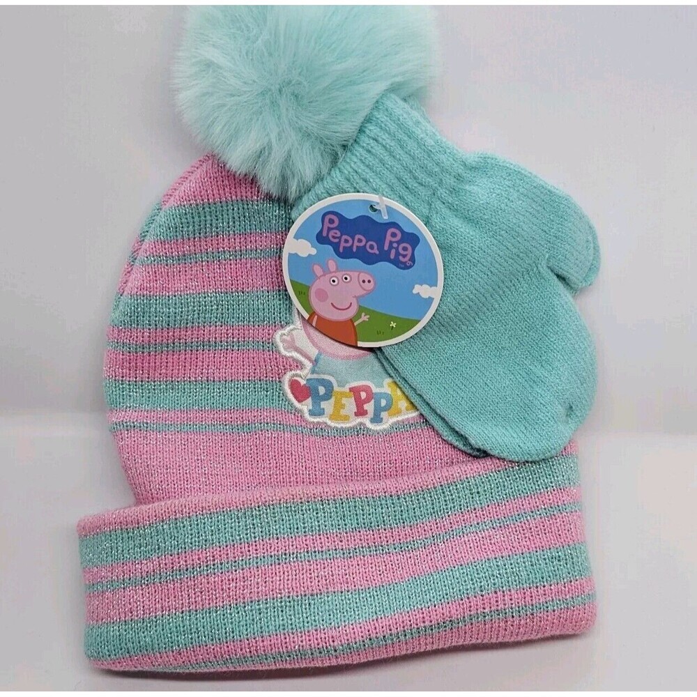 Peppa Pig Beanie Hat‎ and Mittens Set - Pink & Teal Stripes with Pom Pom Toddler